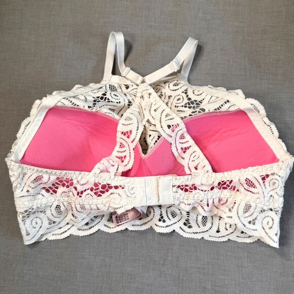 Victorias Secret Pink Push Up Bralette Bra Med (34CD-36AB) High Neck White Lace - Picture 3 of 10
